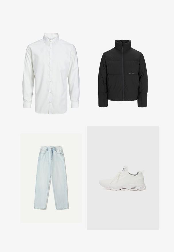 Czarna kurtka puchowa z wysokim kołnierzem, z przodu na zamek błyskawiczny i pikowanym wzorem. Gładki materiał z subtelnym logo na piersi.; Biała koszula z długim rękawem zapinana na guziki, wykonana z gładkiego materiału, z klasycznym kołnierzykiem, przodem z listwą z guzikami oraz mankietami zapinanymi na guziki.; Jasnoniebieskie dżinsy o luźnym kroju, prostych nogawkach, pięcioma kieszeniami oraz delikatnym wyblaknięciem materiału.; Białe buty sportowe z teksturowaną cholewką z dzianiny, płaskimi sznurowadłami oraz wyściełaną podeszwą z widocznymi komorami powietrznymi dla dodatkowego wsparcia.