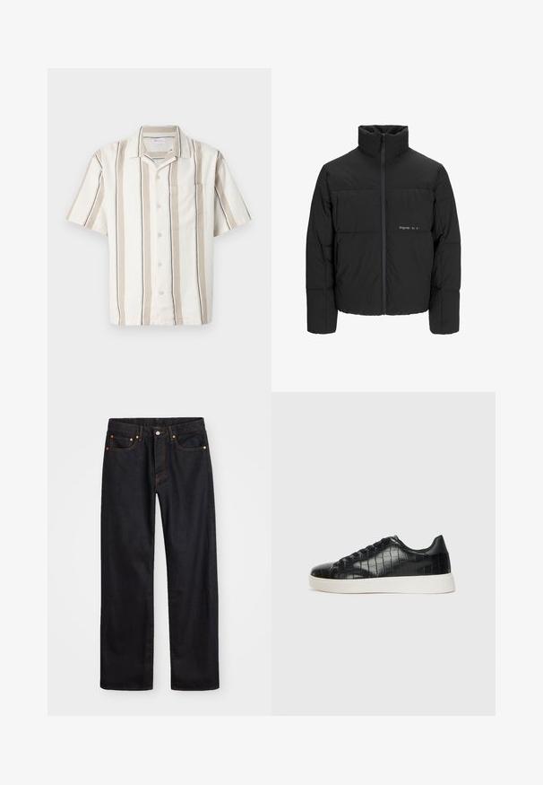 Schwarze Pufferjacke mit hohem Kragen, Front-Reißverschluss und gestepptem Design. Glattes Material mit dezentem Logo auf der Brust.; Kurzarmhemd in Beige und weißen Streifen mit einem strukturierten Muster, einer Brusttasche und einem klassischen Kragen, aus leichtem Stoff gefertigt.; Herren gerade geschnittene schwarze Jeans aus Denim mit fünf Taschen und orangefarbenen Nähten, Knopf- und Reißverschluss vorne am Bund.; Schwarze Sneakers mit einer strukturierten, krokodilPrägung aus Leder, runder Zehenpartie und einer kontrastierenden weißen Gummisohle mit glatter Oberfläche.