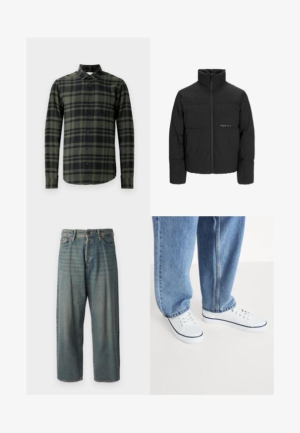 Czarna kurtka puchowa z wysokim kołnierzem, z przodu na zamek błyskawiczny i pikowanym wzorem. Gładki materiał z subtelnym logo na piersi.; Koszula z długim rękawem w ciemnozielonym i czarnym kratkowanym wzorze, wykonana z flaneli. Posiada klasyczny kołnierzyk i czarne guziki.; Jasnoniebieskie dżinsy o luźnym kroju, średnim stanie i prostych nogawkach. Posiadają pięć kieszeni, szlufki na pasek oraz zapięcie na guzik.; Białe płócienne trampki z granatowymi akcentami, okrągły czubek i sznurowany design, w połączeniu z jasnoniebieskimi dżinsami o luźnym kroju.