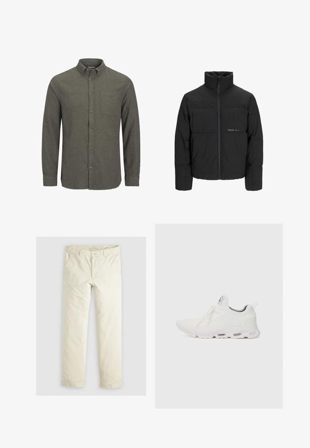 Zwarte pufferjas met een hoge kraag, ritssluiting aan de voorkant en een quilted design. Glad materiaal met een subtiel logo op de borst.; Groene button-up shirt van textuurstof, met een puntige kraag, een enkele borstzak en lange mouwen met knoopmanchetten.; Lichtbeige losse broek met drie zakken, riemlussen en een recht model. Gemaakt van een zachte katoenmix.; Witte sportieve schoenen met een gestructureerde gebreide bovenkant, platte veters en een gevoerde zool met zichtbare luchtkamers voor extra ondersteuning.