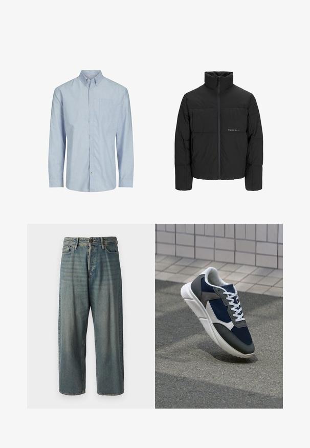 Mustra musta puffer-jakk, millel on kõrge krae, eesne tõmblukku ja tikandiga disain. Sile kangas, millel on rindkeres diskreetne logo.; Ribaga pika varrukaga särgid helesinises ja valges, millel on nööpidega krae, rinna-tasku ja sirge lõige. Puuvillasegu kangas.; Heledad sinine denim-stiilis teksad, volüümse lõike, keskmise kõrgusega talje ja sirgete säärega. Omab viit taskut, vöökumme ja nööpide sulgemist.; Sneaker, mille sinine võrkkangas, hallid nubukdetailid, valge kummitald ja lamedad valged paelad, disainitud mugavuseks ja hingavuseks.