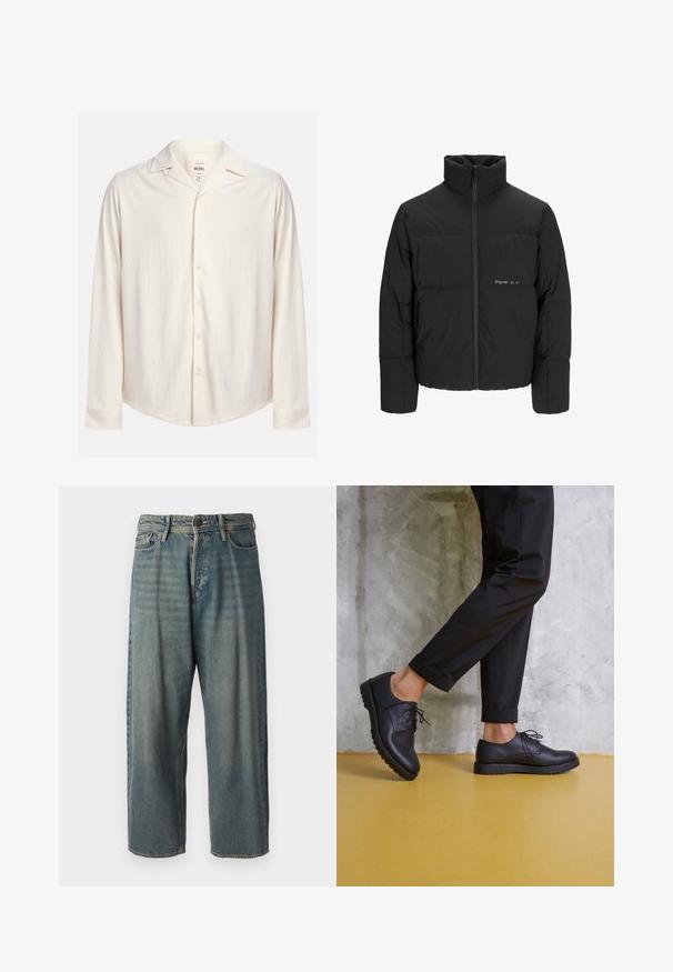 Mustra musta puffer-jakk, millel on kõrge krae, eesne tõmblukku ja tikandiga disain. Sile kangas, millel on rindkeres diskreetne logo.; Kreemikas, pikkade varrukatega nööbitav särk, millel on tekstuurne triibuline disain ja nurgeline krae. Omab ümarat serva ja nööbikaunistusi.; Heledad sinine denim-stiilis teksad, volüümse lõike, keskmise kõrgusega talje ja sirgete säärega. Omab viit taskut, vöökumme ja nööpide sulgemist.; Mustad musträäriga nahast kingad ümarate varvastega, tekstureeritud pind ja paks kummist tall. Kantud rullitud mustade pükste koosseisus betoonitausta taustal.