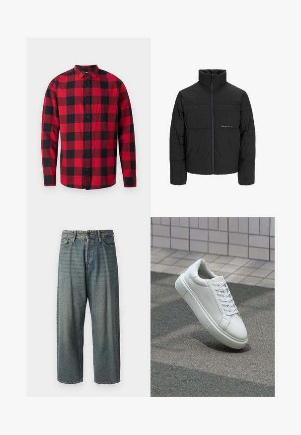 Juodas pūkinis švarkas su aukštu apykakle, priekiniais užtrauktukais ir kvadratinės siuvimo dizainu. Lygus audinys su subtiliu logotipu krūtinėje.; Raudonos ir juodos languotos flanelinės marškinių suknelės liemenė su mygtukais priekyje, ilgomis rankovėmis ir apykakle. Išsiskiria klasikinio tweed rašto.; Šviesiai mėlyni džinsai su laisvu siluetu, vidutinio aukščio juosmeniu ir tiesiomis kojomis. Su penkiais kišenėmis, diržo kilpo ir mygtukų uždarymu.; Balti odiniai sportbačiai su lygiu paviršiumi, apvalia nosimi ir plokščiomis baltomis raištelėmis. Yra tekstūruotas gumos padas ir minimalizmas dizaino elementuose.