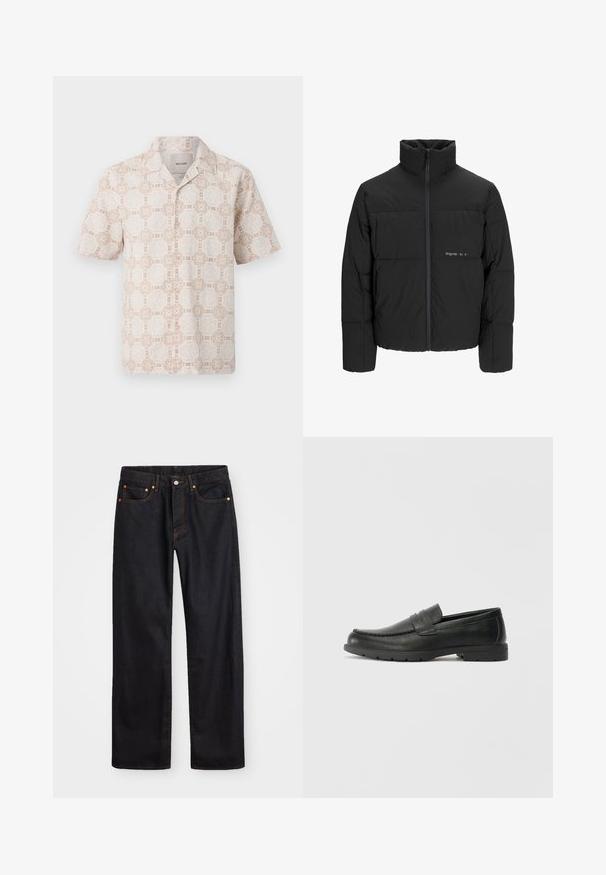 Jachetă puffer neagră, cu guler înalt, închidere cu fermoar pe față și design matlasat. Material neted cu un logo subtil pe piept.; Cămașă cu mânecă scurtă în bej deschis, cu un model floral geometric în crem. Are guler ascuțit și un croi lejer.; Jeans negri din denim pentru bărbați, cu croială dreaptă, cinci buzunare și cusături portocalii, închidere cu nasture și fermoar pe talie.; Labeled cu oglindă din piele neagră cu un finisaj neted, partea superioară în stil mocasin, detalii cusute și o talpă din cauciuc. Design clasic cu un toc jos.