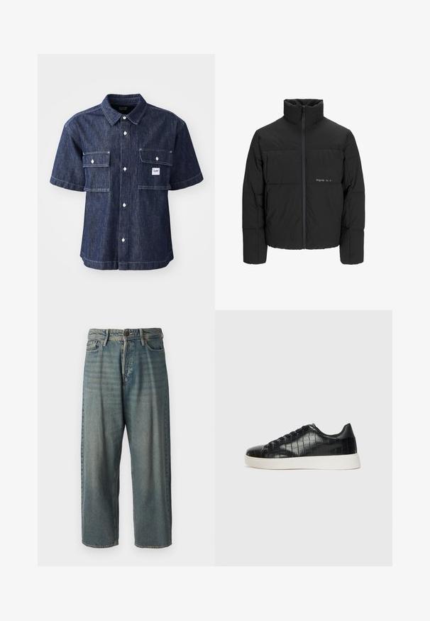 Svart boblejakke med høy krage, frontåpning med glidelås og kviltet design. Glatt stoff med en subtil logo på brystet.; Mørkeblå denimskjorte med korte ermer og knappestolpe, med to brystlommer og et lite logomerke nær venstre lomme.; Lyseblå denimjeans med løs passform, midjehøyde og rette ben. Har fem lommer, beltehemper og knappelukking.; Svarte joggesko med en teksturert krokodille-embossed læroverdel, rund tå og en kontrasterende hvit gummisåle med en glatt overflate.