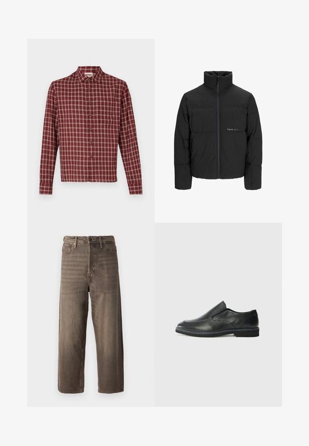 Črni pufast plašč z visokim ovratnikom, sprednjim zadrgo in prešitjem. Gladka tkanina z diskretnim logotipom na prsih.; Rdeča karirana srajca z dolgimi rokavi in usnjenim ovratnikom, z gumbnim zapiranjem in žepom na prsih. Material se zdi mehak z rahlo teksturo.; Rjavi široki traper hlače. Imajo zadrgo, zanke za pas in pet žepov. Tkanina ima zbledel in teksturiran videz.; Črne usnjene natikače z gladkim zgornjim delom, prišitimi detajli, zaobljenim nosom in nizkim gumijastim petkom. Podplat ima minimalen profil.