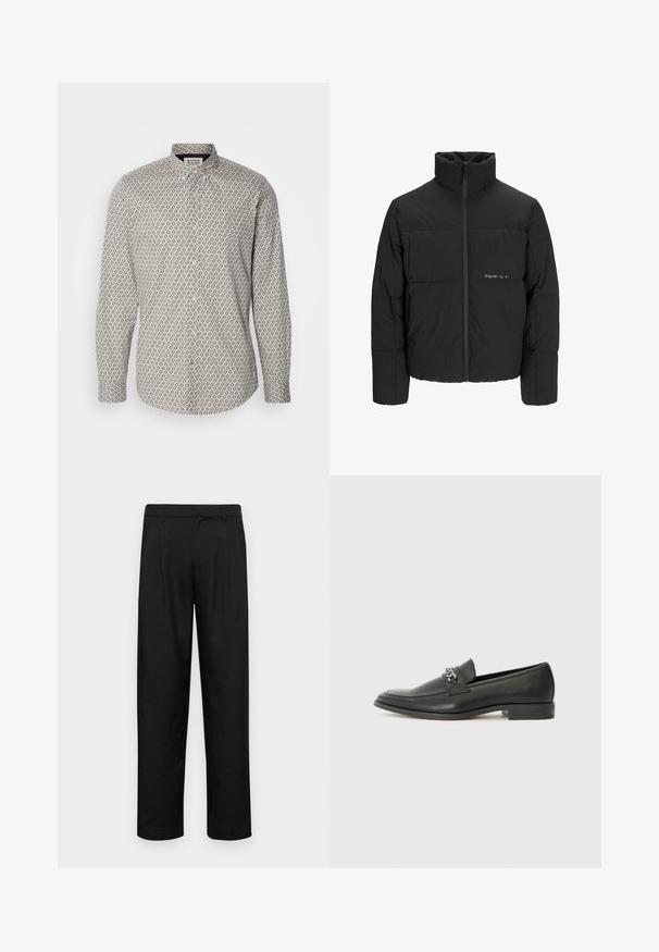 Juodas pūkinis švarkas su aukštu apykakle, priekiniais užtrauktukais ir kvadratinės siuvimo dizainu. Lygus audinys su subtiliu logotipu krūtinėje.; Šviesiai bežė ilgomis rankovėmis marškiniai su mėlynų ir tamsiai pilkų rombų raštu. Yra stovintis apykaklė ir užsegimas mygtukais.; Juodi kelnių modeliai, pagaminti iš lygios medžiagos, turi tiesią kojas, du priekiniai klostės ir standartinę juosmenį su diržo kilpomis.; Juodos odinės loafer tipo bateliai su lygiu paviršiumi, turintys siuvinėtą dizainą ir dekoratyvų metalo grandinėlės akcentą ant batų viršaus. Plokščias kulnas.