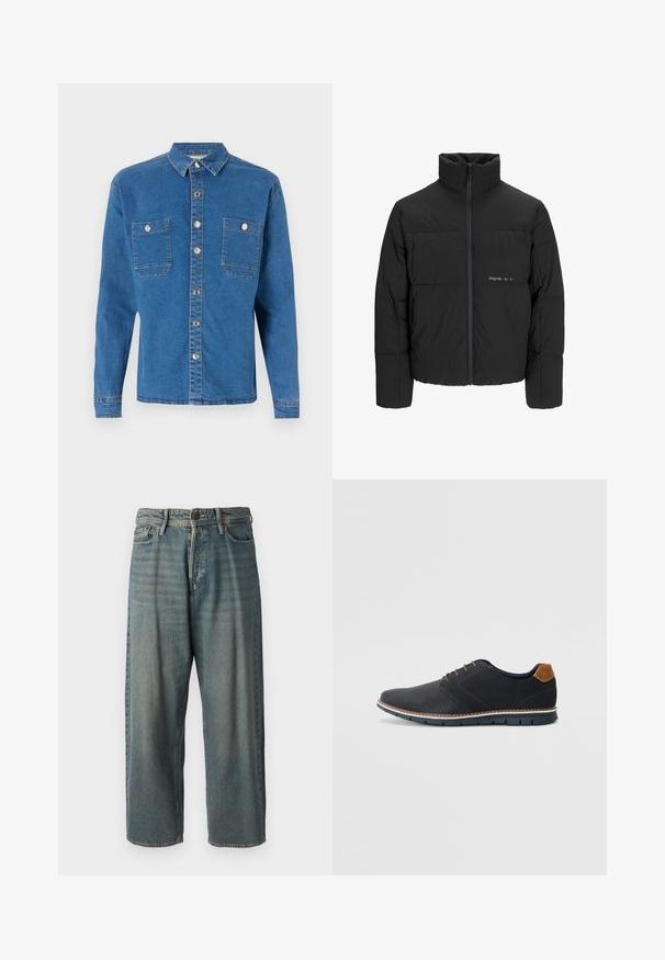 Černá péřová bunda s vysokým límcem, předním zipem a prošívaným designem. Hladká tkanina se subtilním logem na hrudi.; Denim Project LOOSE OVERSIZED - Košile - mid blue washed; Světle modré denimové džíny s volným střihem, středně vysokým pasem a rovnými nohavicemi. Obsahují pět kapes, poutka na opasek a zapínání na knoflík.; Černé syntetické boty s texturovaným svrškem, hladkými detaily, hnědým podpatkem a kontrastní podrážkou. Obsahují minimální šněrování a švy.