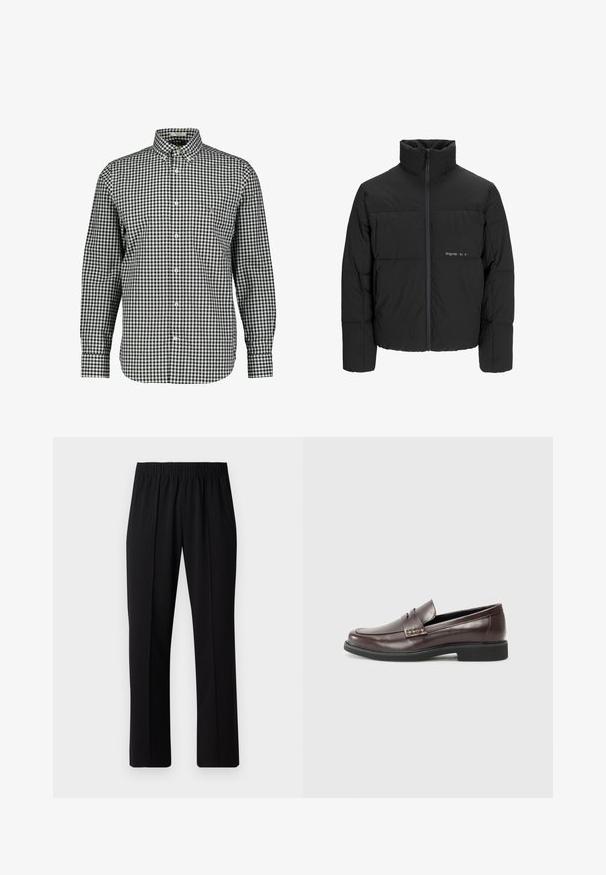 Zwarte pufferjas met een hoge kraag, ritssluiting aan de voorkant en een quilted design. Glad materiaal met een subtiel logo op de borst.; Zwart-witte geruite overhemden met kraag, lange mouwen en een borstzak. Gemaakt van geweven stof, met een afgeronde zoom.; Zwarte, elastische broek met rechte pijpen, met een gladde textuur en zonder zichtbare patronen of hardware.; Bruine leren loafers met een gladde afwerking, voorzien van een subtiele gestikte detail op de bovenkant en een zwarte rubberen zool.
