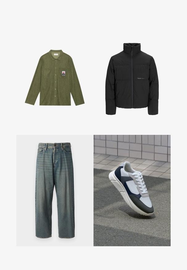 Black puffer jacket featuring a high collar, front zip closure, and quilted design. Smooth fabric with a subtle logo on the chest.; Olive green corduroy shirt with long sleeves, button closure, two chest pockets, and a mountain graphic patch on the left pocket.; Light blue denim jeans with a loose fit, mid-rise waist, and straight legs. Features five pockets, belt loops, and a button closure.; White, navy, and gray sneaker with a mixed material design, featuring a textured upper, flat laces, and a cushioned sole.