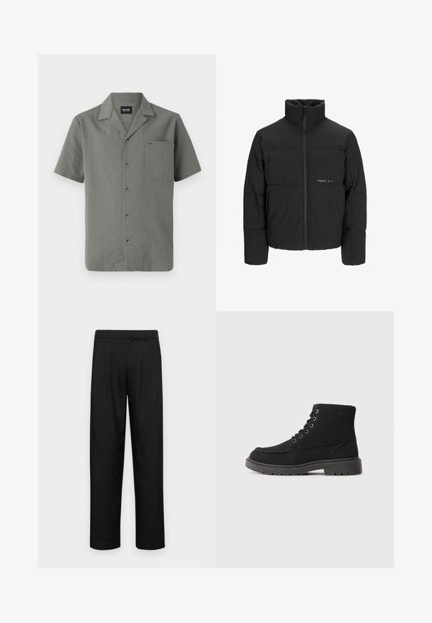 Black puffer jacket featuring a high collar, front zip closure, and quilted design. Smooth fabric with a subtle logo on the chest.; Short-sleeve, gray shirt made of textured fabric, featuring a pointed collar, chest pocket, and dark buttons down the front.; Black trousers made of smooth fabric, featuring a straight-leg design, two front pleats, and standard waistband with belt loops.; Black ankle boots made of textured material with a flat sole, round toe, and six eyelet lacing. Reinforced stitching along the edge.