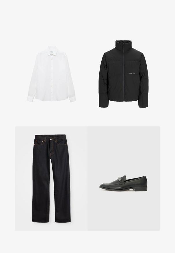 Črni pufast plašč z visokim ovratnikom, sprednjim zadrgo in prešitjem. Gladka tkanina z diskretnim logotipom na prsih.; Bela srajca z dolgimi rokavi iz bombaža. Ima ovratnik s gumbi, gumbe na sprednji strani in ravno spodnjo obrobo. Brez vzorcev ali dodatkov.; Moške črne kavbojke ravnega kroja z petimi žepi in oranžnim šivanjem, z gumbom in zadrgo na sprednjem pasu.; Črni usnjeni loafer z gladko površino, ki ima šivano zasnovo in dekorativni kovinski verižni naglas preko vampirja. Ravno peto.
