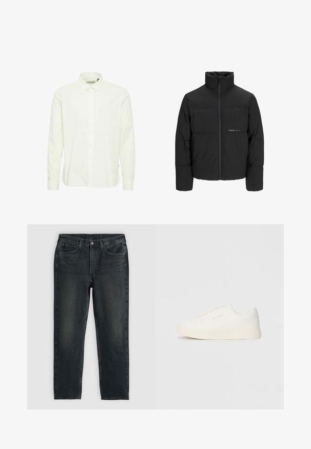 Giubbotto bomber nero con colletto alto, chiusura frontale con zip e design trapuntato. Tessuto liscio con un logo discreto sul petto.; Camicia bianca in cotone a maniche lunghe con colletto button-down, patta frontale e polsini con bottone; presenta una finitura testurizzata sottile.; Jeans in denim blu scuro con taglio dritto, dotati di cinque tasche, chiusura con zip e cuciture a contrasto. Leggera scoloritura sul tessuto.; Sneakers bianchi slip-on con superficie texturizzata, suola spessa e design minimalista. Presentano il logo del marchio sul lato.