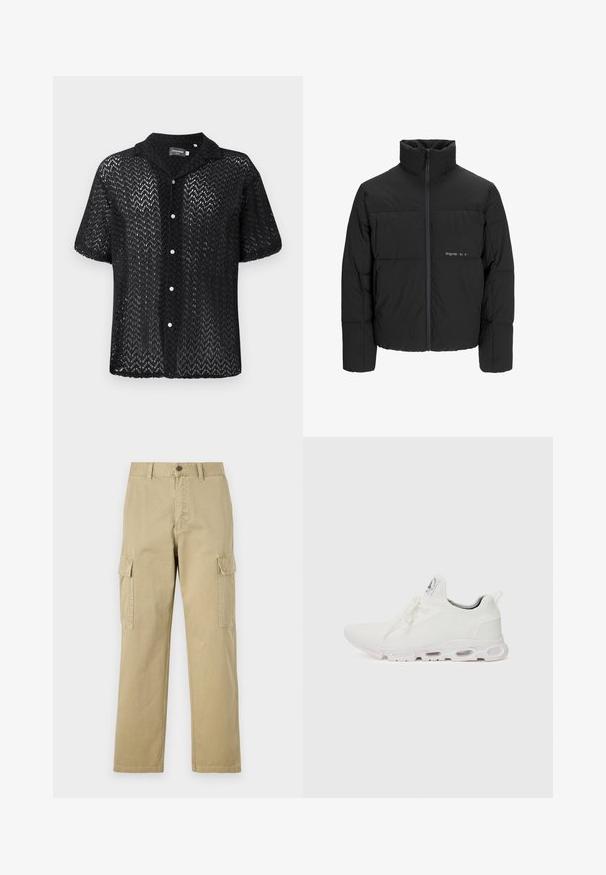 Chaqueta acolchada negra con un alto cuello, cierre frontal de cremallera y diseño acolchado. Tejido suave con un logo sutil en el pecho.; Camisa negra de manga corta hecha de encaje con un patrón de chevron, cuello y cierre frontal con botones blancos.; Pantalones cargo beige de algodón, con dos bolsillos laterales, cierre de botón y perneras rectas con una tela ligeramente texturizada.; Zapatillas deportivas blancas con un upper de punto texturizado, cordones planos y una suela acolchada con cámaras de aire visibles para mayor soporte.