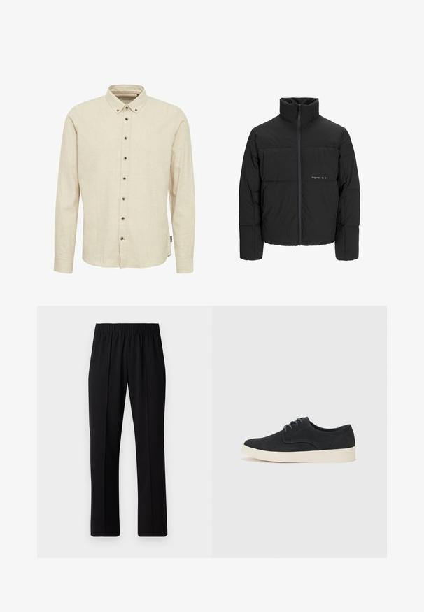 Doudoune noire avec un col haut, fermeture éclair sur le devant et design matelassé. Tissu lisse avec un logo subtil sur la poitrine.; Chemise beige à manches longues en tissu texturé, avec un col boutonné et des boutons foncés sur le devant.; Pantalons noirs à taille élastique avec une coupe droite, présentant une texture lisse et sans motifs ni éléments visibles.; Chaussure en daim noir à lacets avec un bout arrondi, semelle légère crème et subtils accents de coutures bleues sur la tige.