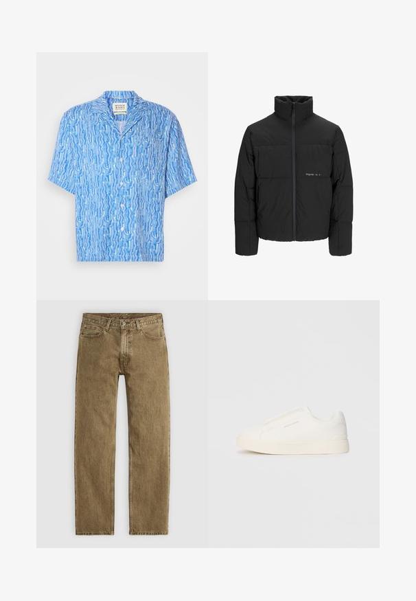 Černá péřová bunda s vysokým límcem, předním zipem a prošívaným designem. Hladká tkanina se subtilním logem na hrudi.; Košile s krátkým rukávem v světle modré barvě s točícími se bílými vzory. Vyrobena z lehkého materiálu; design s uvolněným límcem.; Světlé hnědé džíny z denimu se střihem rovného nohavice, pěticí kapsami a kovovými prvky v měděném odstínu. Texturovaná látka s viditelnými švy.; Bílé slip-on tenisky s texturovaným povrchem, silnou podešví a minimalistickým designem. Na boku je umístěno logo značky.