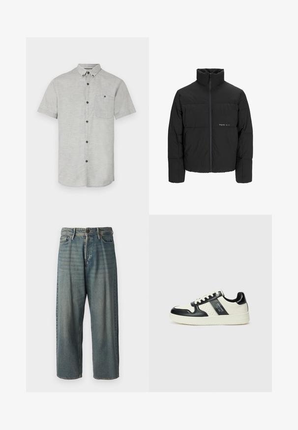 Čierna puffová bunda s vysokým golierom, predným zipsom a prešívaným dizajnom. Hladká tkanina s jemným logom na hrudi.; Krátky rukáv, zapínaná košeľa z svetlošedej látky, s vreckom na hrudi a tmavými gombíkmi na kontrast. Hladká textúra so subtilným vzorom.; Svetlomodré denimové nohavice so voľným strihom, stredne vysokým pásom a rovnými nohavicami. Obsahujú päť vreciek, pútka na opasok a zapínanie na gombík.; Kožené tenisky v čierno-krémovej farbe, s perforovanými akcentmi, polstrovaným golierom a štruktúrovanou podrážkou.