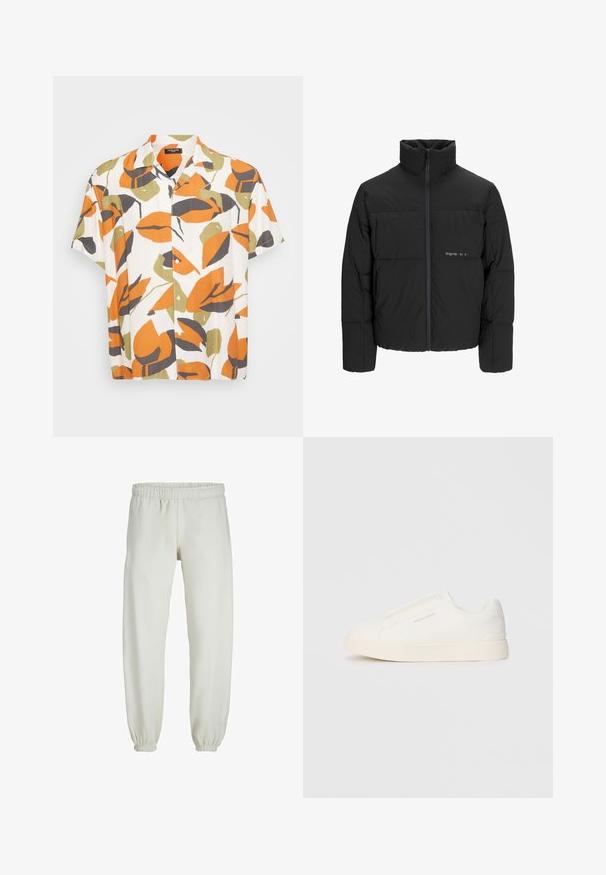 Giubbotto bomber nero con colletto alto, chiusura frontale con zip e design trapuntato. Tessuto liscio con un logo discreto sul petto.; Camicia a maniche corte realizzata in tessuto leggero con uno sfondo bianco e grandi motivi di foglie arancioni, verdi e grigie. Chiusura frontale con bottoni.; Pantaloni tuta bianchi realizzati in tessuto morbido, dotati di vita e polsini elastici, con una texture liscia e una vestibilità ampia.; Sneakers bianchi slip-on con superficie texturizzata, suola spessa e design minimalista. Presentano il logo del marchio sul lato.