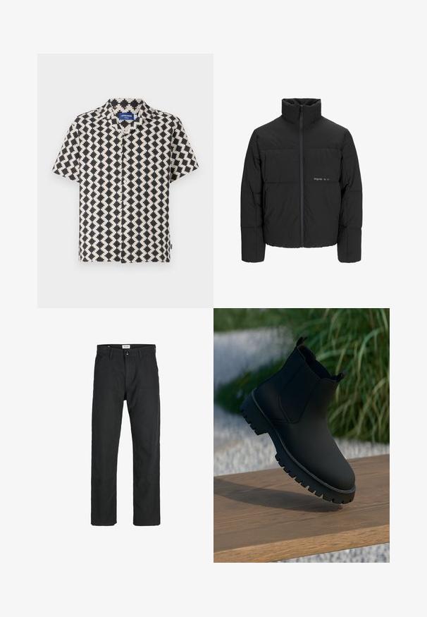 Schwarze Pufferjacke mit hohem Kragen, Front-Reißverschluss und gestepptem Design. Glattes Material mit dezentem Logo auf der Brust.; Kurzarmhemd mit einem geometrischen Muster in Creme und Schwarz. Verfügt über einen kragenlosen Ausschnitt und eine Knopfleiste vorne. Hergestellt aus leichtem Stoff.; Schwarze Hosen aus strapazierfähigem Stoff, mit geradem Bein, genähten Akzenten und zwei vorderen Taschen für Funktionalität.; Schwarze Knöchelstiefel mit glattem Finish, elastischen Seitenpanelen und einer dicken, robusten Sohle. Vor einem natürlichen Hintergrund auf einer Holzoberfläche platziert.