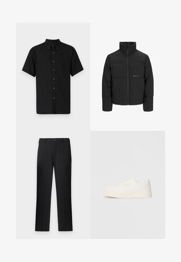 Sort dunjakke med høj krave, frontlynlås og quiltet design. Glat materiale med en diskret logo på brystet.; Sort kortærmet skjorte med knap-Down krave, lavet af struktureret stof, med sorte knapper, der løber ned ad fronten.; Sorte bukser med lige ben, knaplukning og bæltestropper, med en glat tekstur og uden synlige mønstre eller detaljer.; Hvide slip-on sneakers med en struktureret overflade, en tyk sål og et minimalistisk design. Har brandlogoet på siden.
