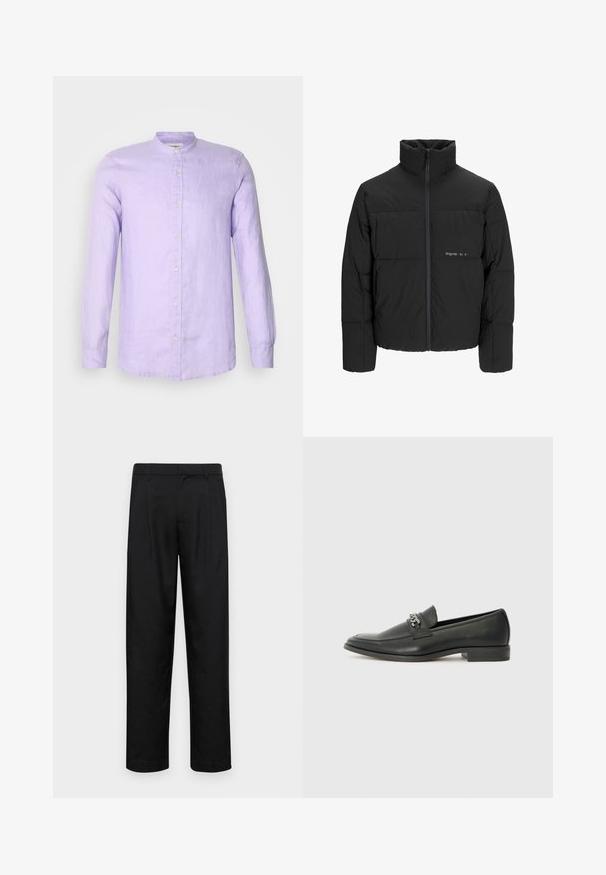Juodas pūkinis švarkas su aukštu apykakle, priekiniais užtrauktukais ir kvadratinės siuvimo dizainu. Lygus audinys su subtiliu logotipu krūtinėje.; Ilgais rankovėmis marškiniai, pagaminti iš šviesiai levandų lino, su stovu ir priekyje užsegamu mygtuku. Lygus tekstūros dizainas su laisvu pritaikymu.; Juodi kelnių modeliai, pagaminti iš lygios medžiagos, turi tiesią kojas, du priekiniai klostės ir standartinę juosmenį su diržo kilpomis.; Juodos odinės loafer tipo bateliai su lygiu paviršiumi, turintys siuvinėtą dizainą ir dekoratyvų metalo grandinėlės akcentą ant batų viršaus. Plokščias kulnas.