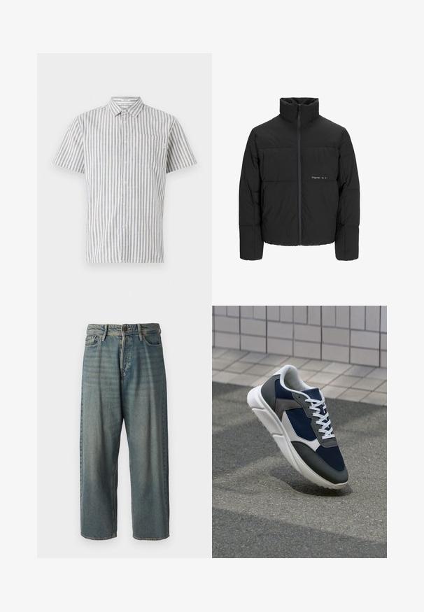 Crna puffer jakna s visokim ovratnikom, prednjim zatvaračem i kviltanim dizajnom. Glatka tkanina s suptilnim logotipom na prsima.; Košulja kratkih rukava s gumbima, u bijelim i plavim vertikalnim prugama, s džepom na prsima i klasičnim dizajnom ovratnika. Mješavina pamuka.; Svijetloplave traperice s širokim krojem, srednjim pojasom i ravnim nogavicama. Ima pet džepova, petlje za remen i kopčanje na gumb.; Tenisice s gornjim dijelom od mrežastog materijala tamnoplave boje, siva antilopova naglašavanja, bijela gumena potplat i ravne bijele vezice, dizajnirane za udobnost i prozračnost.