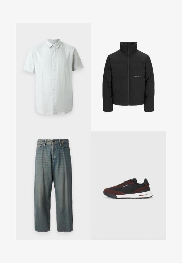 Črni pufast plašč z visokim ovratnikom, sprednjim zadrgo in prešitjem. Gladka tkanina z diskretnim logotipom na prsih.; Svijetlo siva, kratkosleevena lanena košulja s dugmadi na kragen i prednjim dugmadi za zatvaranje, s suptilnom teksturom i opuštenim krojem.; Svetlomoderne kavbojke z ohlapnim krojem, srednjim pasom in ravnimi nogami. Imajo pet žepov, zanke za pas in zapiranje na gumb.; Tommy Hilfiger RETRO RUNNER MIX - Športni copati - black/cocoa