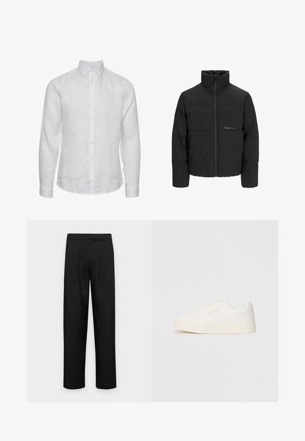 Svart boblejakke med høy krage, frontåpning med glidelås og kviltet design. Glatt stoff med en subtil logo på brystet.; Hvit lin langermet skjorte med krage med knappestolpe, frontlukkning med knapper og en subtil teksturert finish. Ingen synlige mønstre eller detaljer.; Sorte bukser laget av glatt stoff, med rette ben, to frontfoldninger og standard liv med beltehemper.; Hvite slip-on joggesko med teksturert overflate, tykk såle og minimalistisk design. Har merkevarelogo på siden.