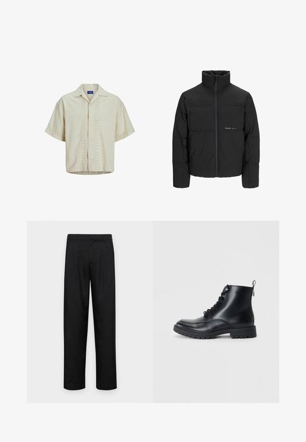 Zwarte pufferjas met een hoge kraag, ritssluiting aan de voorkant en een quilted design. Glad materiaal met een subtiel logo op de borst.; Korte mouwen shirt in beige linnen met een knoopsluiting aan de voorkant, met oogjesdetail langs het midden en de manchetten. Rechte zoom.; Zwarte broeken van gladde stof, met een recht model, twee voorknikken en een standaard tailleband met riemlussen.; Zwarte leren enkelboots met een ronde neus, veters aan de voorkant en gestikte details. Voorzien van een lus aan de achterkant en een gestructureerde rubberen zool.