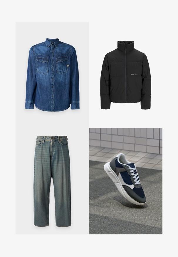 Juodas pūkinis švarkas su aukštu apykakle, priekiniais užtrauktukais ir kvadratinės siuvimo dizainu. Lygus audinys su subtiliu logotipu krūtinėje.; Džinsinė marškiniai, tamsiai mėlyna, ilgomis rankovėmis, su sagų uždarymu priekyje, dviem krūtinės kišenėmis su sklende, prekės ženklo etiketė apatiniame kairiajame kampe, standartinis apykaklė.; Šviesiai mėlyni džinsai su laisvu siluetu, vidutinio aukščio juosmeniu ir tiesiomis kojomis. Su penkiais kišenėmis, diržo kilpo ir mygtukų uždarymu.; Sportiniai bateliai su tamsiai mėlynu tinkliniu viršumi, pilkais zomšiniais akcentais, balta guma padanga ir plokščiomis baltomis raištelėmis, sukurti komfortui ir oro pralaidumui.