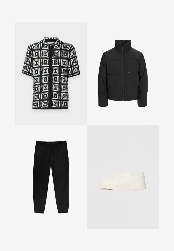 Giubbotto bomber nero con colletto alto, chiusura frontale con zip e design trapuntato. Tessuto liscio con un logo discreto sul petto.; Camicia a maniche corte in bianco e nero con un motivo a quadrati. Realizzata in tessuto testurizzato, presenta una chiusura con bottoni e un colletto a punta.; Pantaloni neri con cintura elastica e coulisse, gamba affusolata, tasche laterali e sottili dettagli di cucitura laterale. Tessuto in cotone morbido.; Sneakers bianchi slip-on con superficie texturizzata, suola spessa e design minimalista. Presentano il logo del marchio sul lato.