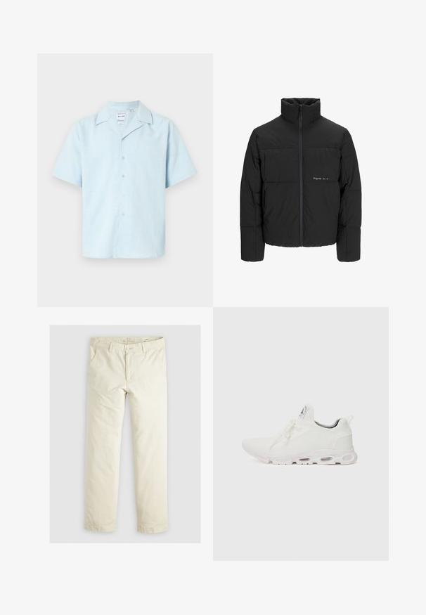Doudoune noire avec un col haut, fermeture éclair sur le devant et design matelassé. Tissu lisse avec un logo subtil sur la poitrine.; Chemise à manches courtes en tissu bleu clair, avec un col cranté et une texture douce agrémentée d'un motif subtil, six boutons sur le devant.; Pantalons loose-fit beige clair avec trois poches, passants de ceinture et une coupe droite. Fabriqués en un doux mélange de coton.; Baskets blanches de sport avec un dessus en maille texturée, des lacets plats et une semelle rembourrée avec des chambres à air visibles pour un soutien supplémentaire.