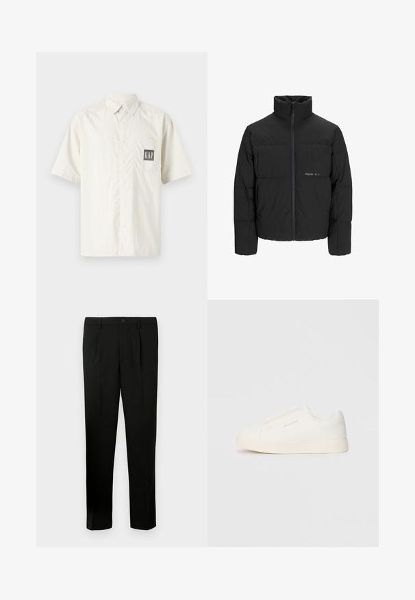 Črni pufast plašč z visokim ovratnikom, sprednjim zadrgo in prešitjem. Gladka tkanina z diskretnim logotipom na prsih.; Bela majica s kratkimi rokavi iz bombaža, z gumbom spredaj in žepom na prsih, ki ima kontrastni črni GAP logo.; Črne skrojene hlače s ravnim sprednjim delom, dvema pregiboma, gumbom za zapiranje, stranskimi žepi in ravnim krojem nogavic. Narejene so iz gladkega materiala.; Bele zapete brez vezalk z teksturirano površino, debelim podplatom in minimalističnim dizajnom. Na strani se nahaja logotip blagovne znamke.
