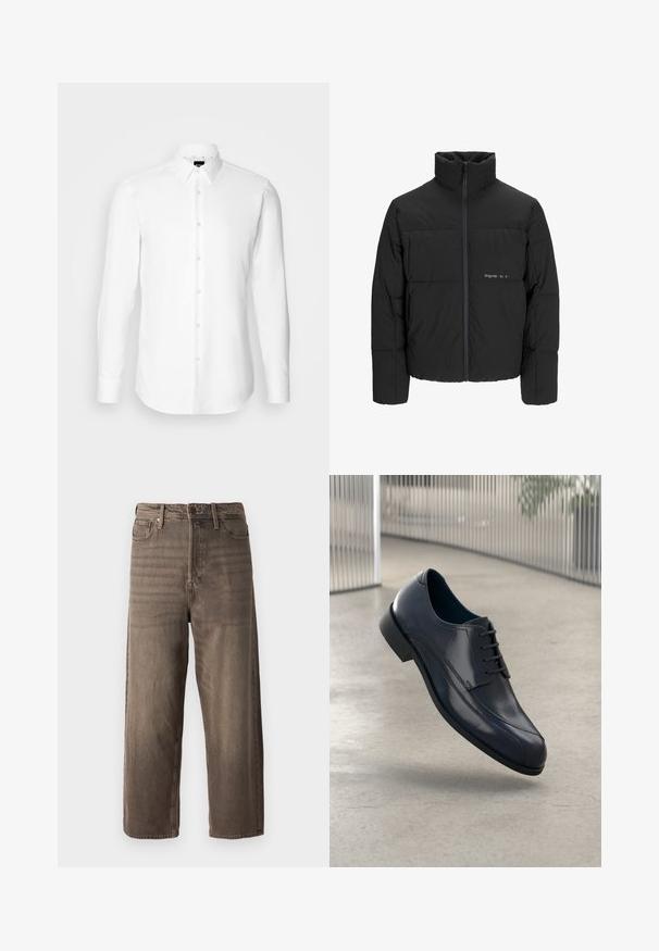 Černá péřová bunda s vysokým límcem, předním zipem a prošívaným designem. Hladká tkanina se subtilním logem na hrudi.; Bílá košile s dlouhým rukávem, zapínání na knoflíky vpředu, klasický límec, vyrobená z hladké látky s jemnou texturou, navržená pro přiléhavý vzhled.; Hnědé široké džíny vyrobené z denimu. Mají zip, poutka na opasek a pět kapes. Látka má vybledlý, texturovaný vzhled.; Lesklá černá kožená společenská obuv s tkaničkami, plovoucí nad hladkým, světle šedým podlahovým povrchem a s vertikálními kovovými pruty v pozadí.