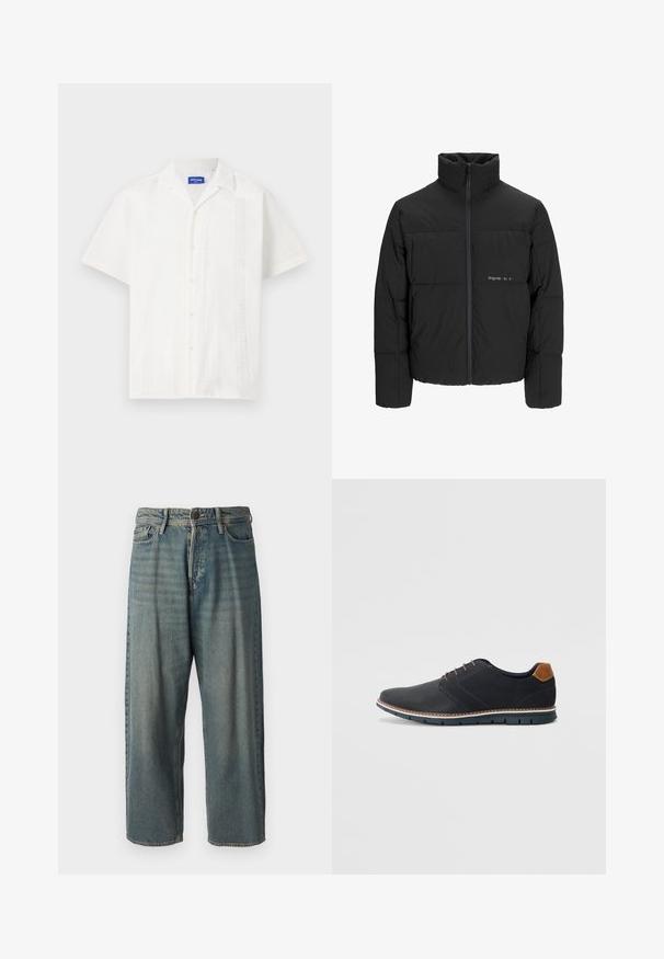 Mustra musta puffer-jakk, millel on kõrge krae, eesne tõmblukku ja tikandiga disain. Sile kangas, millel on rindkeres diskreetne logo.; Valge lühikeste varrukatega särk nööbiga kinnituses, millel on keerukad mustrid esiosas ja klassikaline krae disain.; Heledad sinine denim-stiilis teksad, volüümse lõike, keskmise kõrgusega talje ja sirgete säärega. Omab viit taskut, vöökumme ja nööpide sulgemist.; Mustavad sünteetilised jalatsid tekstureeritud pealsega, siledad aktsendid, pruun kand ja kontrastne tall. Omab minimaalset lukkude ja õmbluste dekoratsiooni.