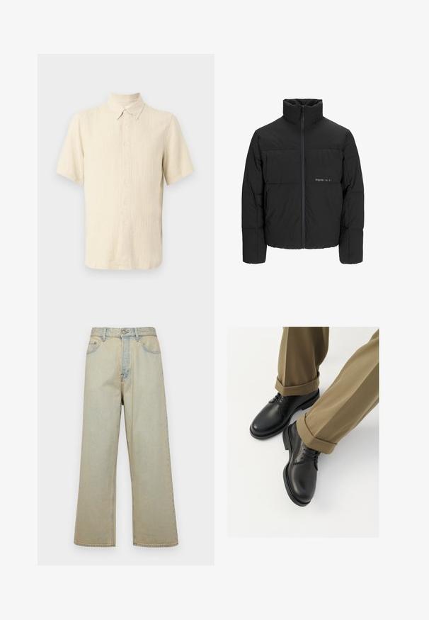 Crna puffer jakna s visokim ovratnikom, prednjim zatvaračem i kviltanim dizajnom. Glatka tkanina s suptilnim logotipom na prsima.; Svijetlosmeđa kratkos Hajna košulja od teksturirane tkanine, s ovratnikom na gumb i vertikalnim reljefnim uzorkom s prednjim gumbima.; Svijetloplave traperice širokog kroja s izblijedjelim završetkom. Imaju pet džepova i zatvaranje na gumbe sprijeda.; Crne kožne cipele s glatkom površinom, s vezicama i zaobljenim vrhom, uparene s podignutim kaki hlačama.