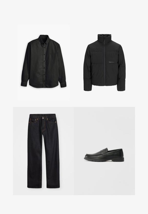 Juodas pūkinis švarkas su aukštu apykakle, priekiniais užtrauktukais ir kvadratinės siuvimo dizainu. Lygus audinys su subtiliu logotipu krūtinėje.; Levi's® AUTHENTIC BUTTON DOWN - Marškiniai - kincaid jet black garment dye; Vyrų tiesaus kirpimo juodi džinsai iš denim medžiagos, su penkiomis kišenėmis ir oranžinėmis siūlėmis, su mygtuko ir užtrauktuko uždarymu ant priekio.; Juodai odiniai loaferiai su sklandžiu paviršiumi, mokasino stiliaus viršus, siuvinėjimu ir guminėmis padangomis. Klasikinis dizainas su žemu kulnu.