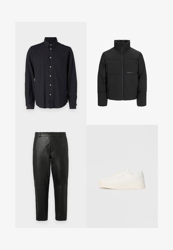 Mustra musta puffer-jakk, millel on kõrge krae, eesne tõmblukku ja tikandiga disain. Sile kangas, millel on rindkeres diskreetne logo.; Tumehall värvi pika varrukaga särk, mis on valmistatud tekstureeritud kangast. Omab nööpidega kaelust, eesmist taskut ja nööpide sulgemist hõbedaste nuppudega.; Mustad nahast sirged püksid, millel on vööaasad ja küljetaskud, esitatuna heleda ühtlase tausta ees.; Valged libisemiskindlad tossud tekstuuriga pinnaga, paksu tallaga ja minimalistikus disainis. Küljel on brändi logo.