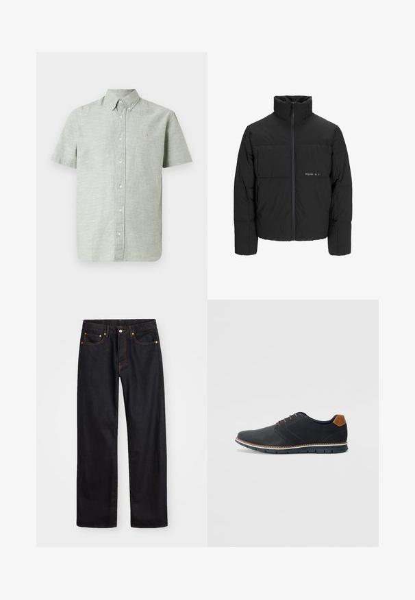 Melnā pūka jaka ar augstu apkakli, priekšējo rāvējslēdzēju un quilted dizainu. Gluda auduma virsma ar maigu logotipu uz krūšu daļas.; Īsām piedurknēm, gaiši zaļa kokvilnas krekls ar pogām uz apkakles, priekšējām pogām un nelielu izšūtu akcentu uz krūts.; Vīriešu taisno kāju melnie džinsi ar piecām kabatām un oranžu izšuvumu, ar pogu un zipa aizdari priekšējā jostas daļā.; Melni sintētiskie apavi ar struktūru augšdaļā, gludu akcentu, brūnu papēdi un kontrastējošu zoli. Iezīmē minimālu šņorēšanu un šuvju detaļas.