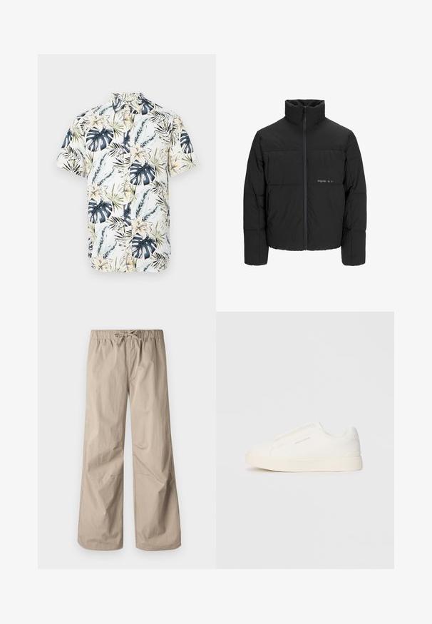 Svart boblejakke med høy krage, frontåpning med glidelås og kviltet design. Glatt stoff med en subtil logo på brystet.; Kortermet skjorte med hvit base og tropisk mønster som har blå og grønne blader, gule blomster og en knappestolpe foran.; Beige vide bukser med elastisk talje og snøre. Glat tekstur, to sidelommer og minimale syninger for en afslappet pasform.; Hvite slip-on joggesko med teksturert overflate, tykk såle og minimalistisk design. Har merkevarelogo på siden.
