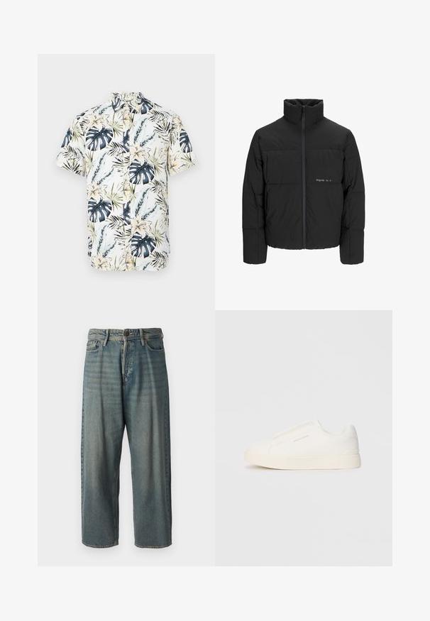 Melnā pūka jaka ar augstu apkakli, priekšējo rāvējslēdzēju un quilted dizainu. Gluda auduma virsma ar maigu logotipu uz krūšu daļas.; Īsām piedurkņu krekls ar baltu pamatni un tropisku rakstu, kurā ir zili un zaļi lapas, dzelteni ziedi un pogājama priekšpuse.; Gaiši zili džinsi ar brīvu piegriezumu, vidējo jostas augstumu un taisnām kājām. Satur piecas kabatas, jostas cilpas un pogu aizdari.; Baltas slip-on sporta apavi ar teksturētu virsmu, biezu zoli un minimālistisku dizainu. Sānos redzams zīmola logotips.
