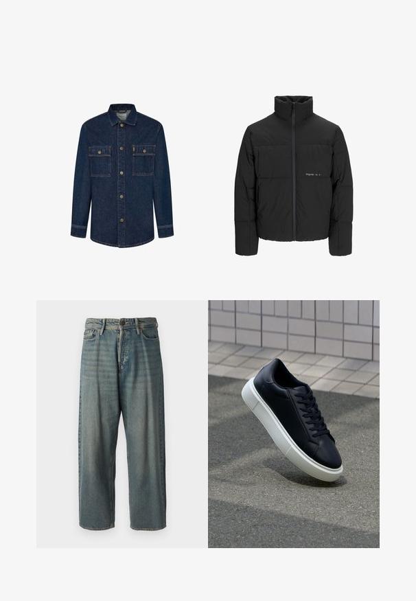 Czarna kurtka puchowa z wysokim kołnierzem, z przodu na zamek błyskawiczny i pikowanym wzorem. Gładki materiał z subtelnym logo na piersi.; Ciemnoniebieska kurtka dżinsowa z długimi rękawami, dwoma kieszeniami na piersi i zapięciem na guziki. Posiada kontrastowe szwy oraz kołnierzyk.; Jasnoniebieskie dżinsy o luźnym kroju, średnim stanie i prostych nogawkach. Posiadają pięć kieszeni, szlufki na pasek oraz zapięcie na guzik.; Czarne skórzane sneakersy z okrągłym noskiem i białą gumową podeszwą. Posiadają płaskie sznurowadła i minimalne przeszycia na cholewce. Teksturowana podeszwa zapewnia przyczepność.