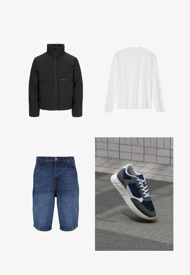 Musta puhvijakku, jossa on korkea kaulus, etuvetoketju ja tikattu muotoilu. Sileä kangas, jossa on hienovarainen logo rinnassa.; Pitkähihaisen valkoisen puuvillapaidan, jossa on pyöreä kaula-aukko ja ribbaus hihansuissa. Yksinkertainen, koristeltu design, jossa on sileä rakenne ja normaali istuvuus.; Tummansinisiä farkkushortseja, joissa on haalistunut viimeistely. Omistaa viisi taskua, edessä napin suljenta ja tikattu yksityiskohta saumoissa.; Kengät, joissa on tummansininen verkkopäällinen, harmaat mokka-yksityiskohdat, valkoinen kumipohja ja litteät valkoiset nauhat, suunniteltu mukavuutta ja hengittävyyttä varten.