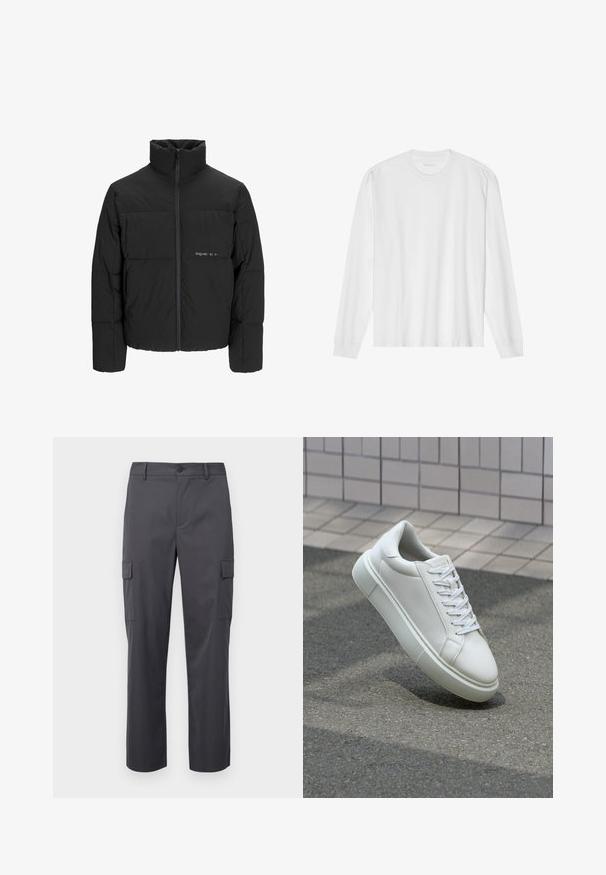 Czarna kurtka puchowa z wysokim kołnierzem, z przodu na zamek błyskawiczny i pikowanym wzorem. Gładki materiał z subtelnym logo na piersi.; Biała bawełniana koszulka z długim rękawem z okrągłym dekoltem i ściągaczami. Prosty, nieozdobny design, charakteryzujący się gładką fakturą i standardowym krojem.; Spodnie cargo w kolorze węgrowym, wykonane z gładkiego materiału, o prostej nogawce, z dwiema bocznymi kieszeniami i zapięciem na guzik w pasie.; Białe skórzane trampki z gładką powierzchnią, okrągłym noskiem i płaskimi białymi sznurowadłami. Posiadają teksturowaną gumową podeszwę oraz minimalistyczne elementy projektowe.