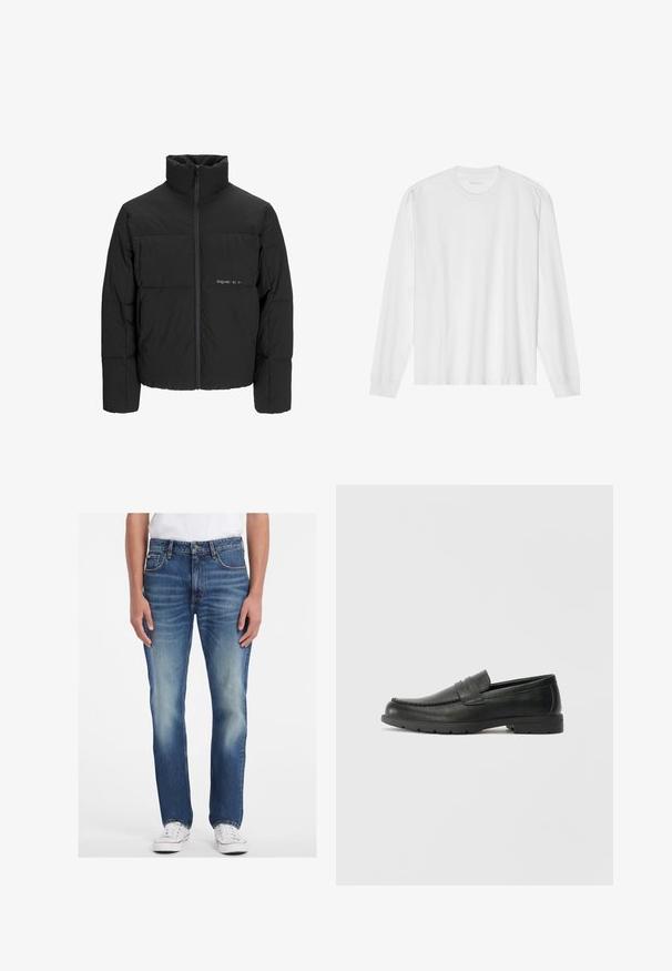 Črni pufast plašč z visokim ovratnikom, sprednjim zadrgo in prešitjem. Gladka tkanina z diskretnim logotipom na prsih.; Bela bombažna majica z dolgimi rokavi in posadnim izrezom ter rebrastimi manšetami. Preprost, neokrašen dizajn, ki se ponaša z gladko teksturo in standardnim krojem.; Modre kavbojke z ravnim krojem, ki vključujejo svetlo pranje, osvetljene detajle in pet žepov. Usklajene z belimi športnimi čevlji.; Črne usnjene loafer čevlje z gladko površino, zgornjim delom v slogu mokasin, šivanimi detajli in gumijastim podplatom. Klasična zasnova z nizko peto.