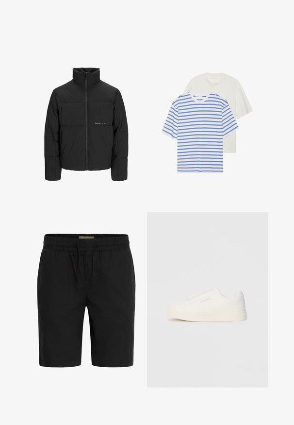 Schwarze Pufferjacke mit hohem Kragen, Front-Reißverschluss und gestepptem Design. Glattes Material mit dezentem Logo auf der Brust.; Zwei kurzärmlige T-Shirts: eines weiß mit blauen Streifen und eines in einfarbig hellem Creme. Aus weichem Baumwollmaterial, mit Rundhalsausschnitt und lockerer Passform.; Schwarze Shorts aus einem leichten Stoff, mit einem elastischen Bund und Kordelzug sowie seitlichen Taschen für mehr Komfort.; Weiße Slip-On-Sneaker mit einer strukturierten Oberfläche, dicker Sohle und minimalistischem Design. Mit Logo der Marke an der Seite.