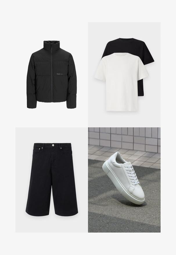 Chaqueta acolchada negra con un alto cuello, cierre frontal de cremallera y diseño acolchado. Tejido suave con un logo sutil en el pecho.; Conjunto de camisetas de algodón que incluye una camiseta negra y una blanca, ambas con mangas cortas, escote redondo y corte estándar. Tejido texturizado.; Shorts de mezclilla negra de corte recto, con un botón en la parte frontal, dos bolsillos laterales y una textura suave. Sin patrones ni acentos visibles.; Zapatilla de cuero blanca con una superficie lisa, punta redonda y cordones blancos planos. Presenta una suela de goma texturizada y elementos de diseño mínimos.