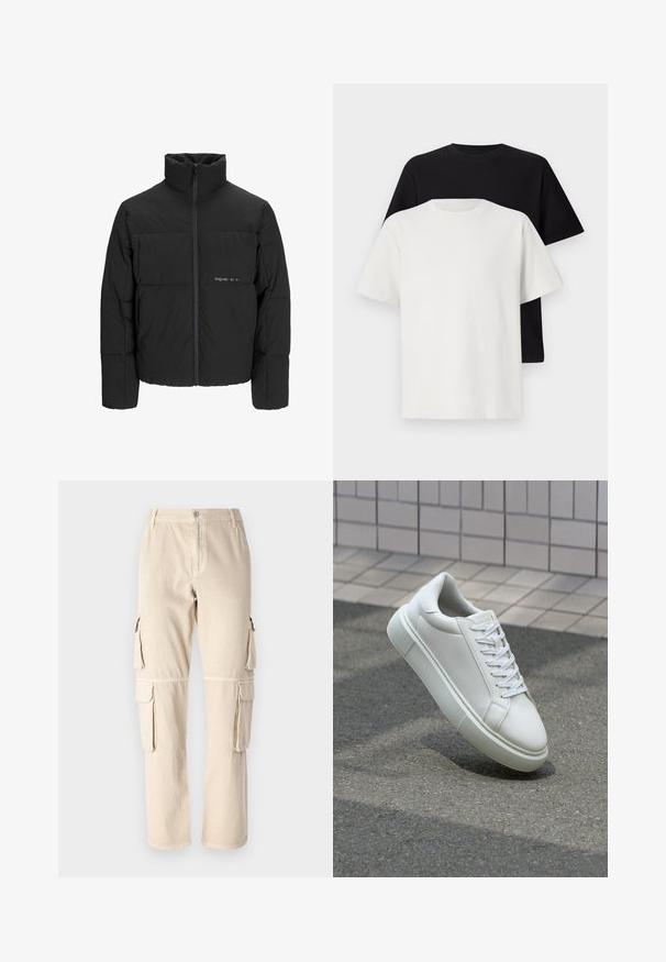 Čierna puffová bunda s vysokým golierom, predným zipsom a prešívaným dizajnom. Hladká tkanina s jemným logom na hrudi.; Bavlnená súprava tričiek, ktorá obsahuje čierne tričko a biele tričko, obe s krátkymi rukávmi, okrúhlym výstrihom a štandardným strihom. Textúrovaná látka.; Bežové cargo nohavice vyrobené z bavlny. Majú bočné vrecká, rovný strih a zapínanie na gombík v oblasti pásu. Jednoduché švy.; Biele kožené tenisky s hladkým povrchom, okrúhlym špičkou a plochými bielymi šnúrkami. Obsahuje štruktúrovanú gumovú podrážku a minimalistický dizajn.
