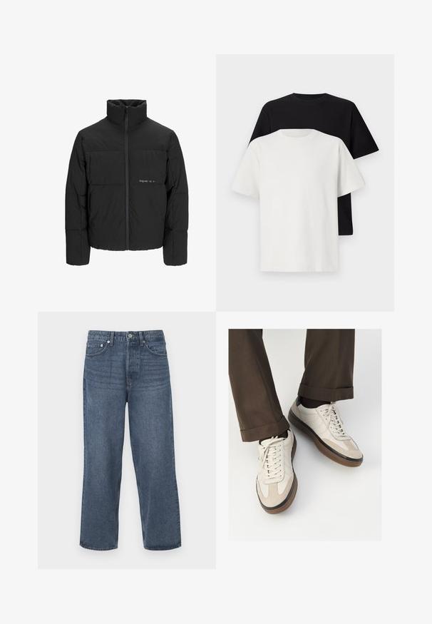 Doudoune noire avec un col haut, fermeture éclair sur le devant et design matelassé. Tissu lisse avec un logo subtil sur la poitrine.; Ensemble de t-shirts en coton comprenant un haut noir et un haut blanc, tous deux à manches courtes, avec un col rond et une coupe standard. Tissu texturé.; Jean en denim bleu foncé avec une coupe droite, cinq poches et une fermeture à bouton. Présente un léger délavage et une coupe classique.; Baskets beiges avec un devant en suède texturé, côtés en cuir lisse et semelle en caoutchouc brun. Lacets et détails de couture légère inclus.