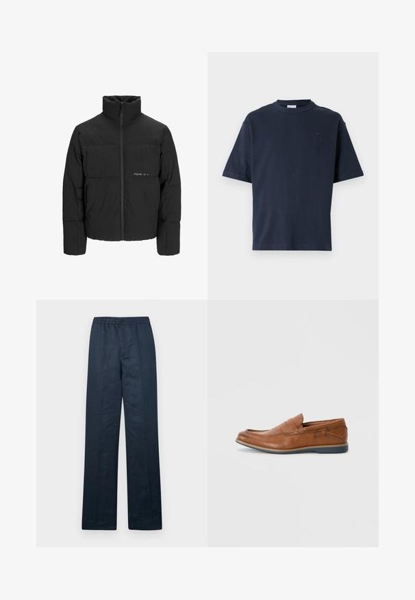 Doudoune noire avec un col haut, fermeture éclair sur le devant et design matelassé. Tissu lisse avec un logo subtil sur la poitrine.; T-shirt à manches courtes bleu marine en coton. Doté d'un col rond et d'un logo discret sur la poitrine. Coupe droite sans motifs.; Pantalons en lin bleu marine avec une coupe décontractée, taille élastique et fermeture à bouton unique. Présente des jambes droites et une texture minimale.; Mocassins en cuir marron avec un bout rond, des accents cousus et une semelle en caoutchouc basse. Le design présente une bandoulière sur le haut.